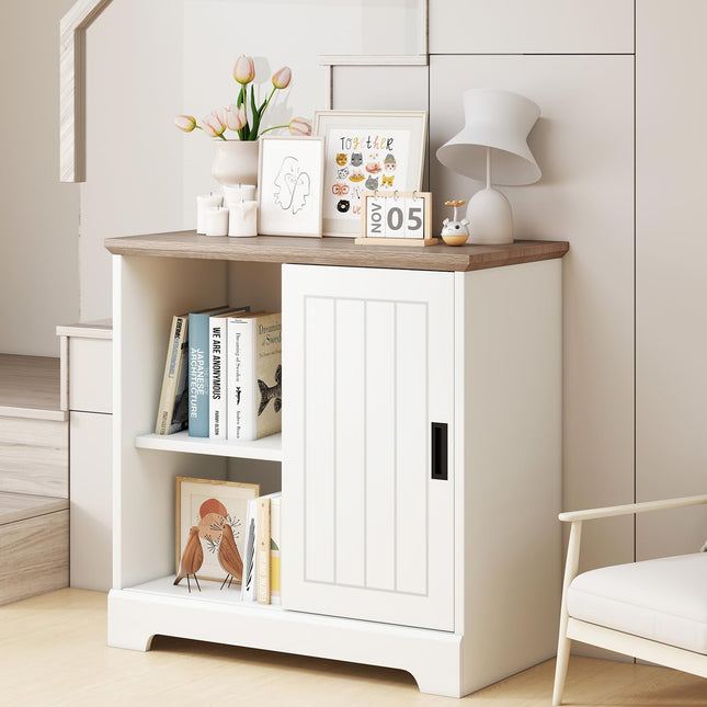 Dreamade Small Sideboard Buffet Cabinet Farmhouse Kitchen Storage Cabinet with Fluted Sliding Door