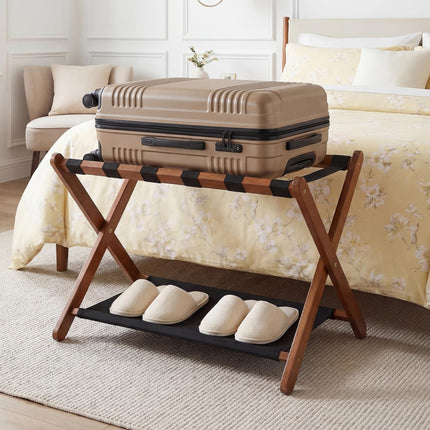 Dreamade Folding Luggage Rack | Solid Rubber Wood Suitcase Stand with Storage Shelves