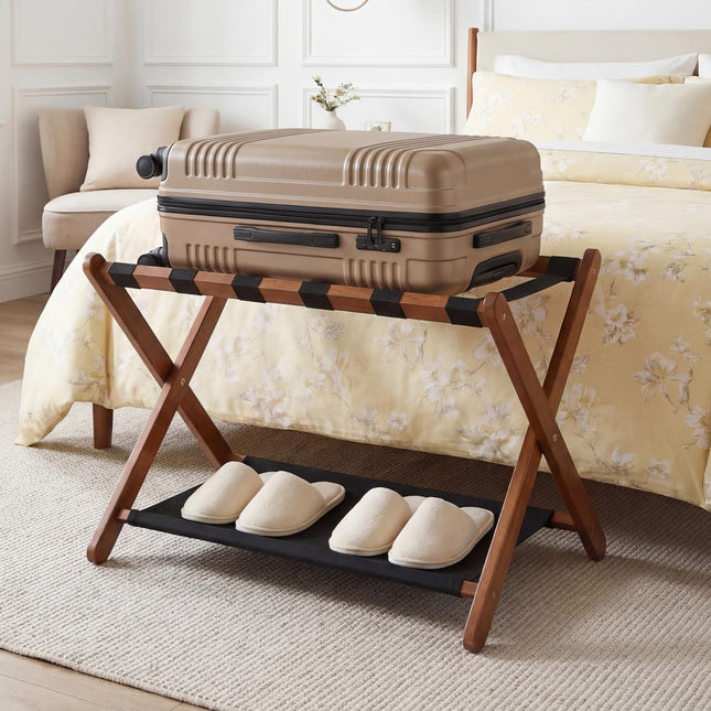 Dreamade Folding Luggage Rack | Solid Rubber Wood Suitcase Stand with Storage Shelves