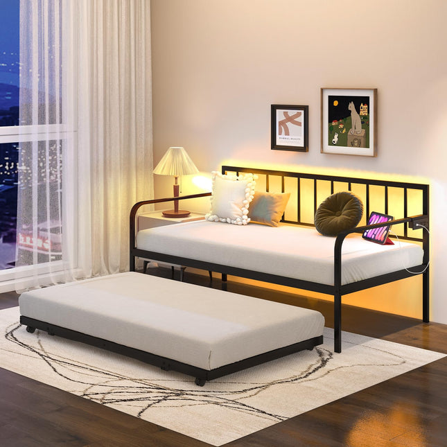 Dreamade Twin Daybed with Trundle, Metal Day Bed with Charging Station & LED Lights
