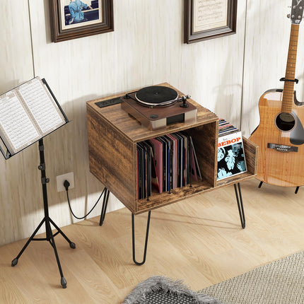 Dreamade Record Player Stand with Charging Station, Turntable Stand with Vinyl Divider & Display Shelf