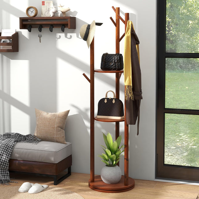 Dreamade Coat Rack Freestanding, Wooden Rotary Coat Tree w/ 3 Display Storage Shelves & 9 Hooks