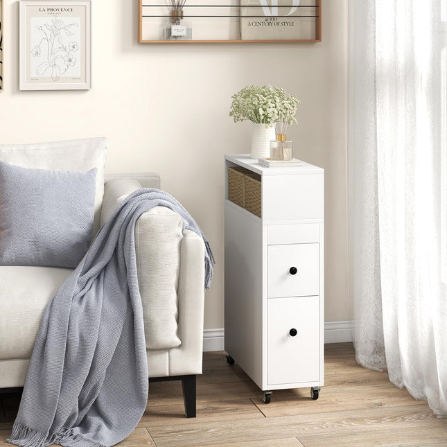 Dreamade Small Bathroom Storage Cabinet - Slim Bathroom Organizer with Wheels, 2 Drawers, 2 Baskets