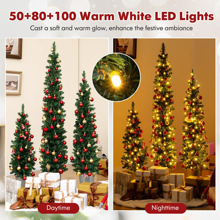 Dreamade 3' 4' 5' Pre-Lit Artificial Christmas Tree Set of 3, Slim Pencil Potted Xmas Tree with 423 Branch Tips, 230 Warm White LED Lights