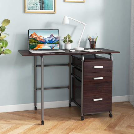 Dreamade Folding Desk for Small Space, Rolling Home Office Desk with 3 Drawers & Lockable Universal Wheels
