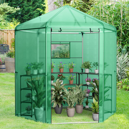 Dreamade 7 x 6 x 7.5 FT Greenhouse, Large Hexagonal Walk in Greenhouse Outdoor with Heavy-Duty Metal Frame