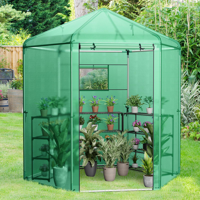Dreamade 7 x 6 x 7.5 FT Greenhouse, Large Hexagonal Walk in Greenhouse Outdoor with Heavy-Duty Metal Frame