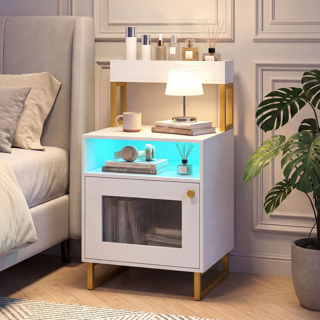 Dreamade Night Stand with LED Lights | Tall Sofa Side Couch End Table w/Top Tray (1/2)