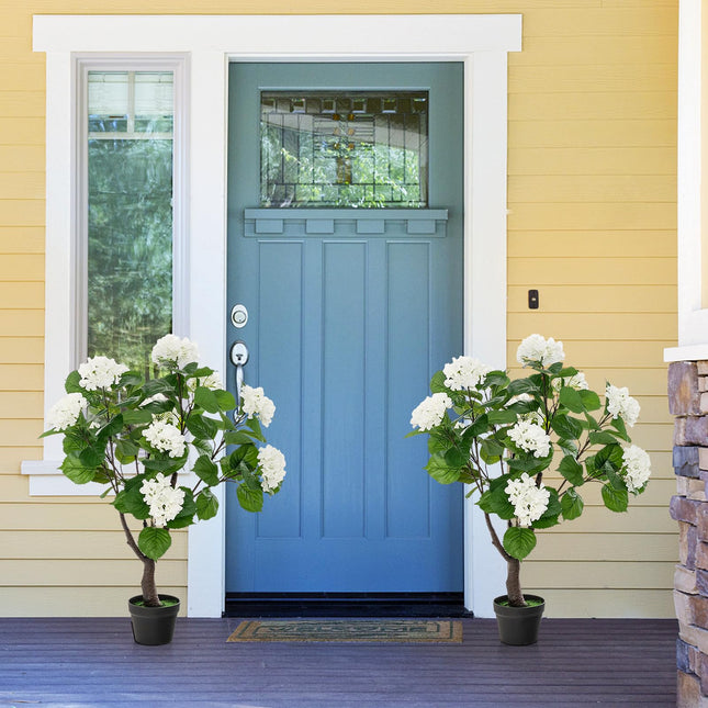 Dreamade Artificial Hydrangea Tree, 2 Pack Fake Floral Plant w/11 White Flowers & Realistic Trunk in Plastic Nursery Pot