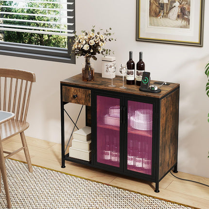Dreamade Industrial Buffet Sideboard with Power Outlets and LED Light