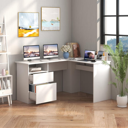 Dreamade L Shaped Computer Desk with Drawers, 59" Corner Desk Workstation with Storage Shelf & Cable Holes