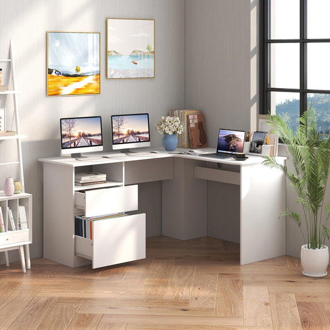 Dreamade L Shaped Computer Desk with Drawers, 59" Corner Desk Workstation with Storage Shelf & Cable Holes