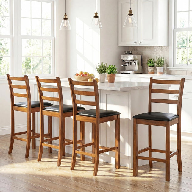 Dreamade 24" Ladder Back Wood Counter Bar Stools Set of 2/4 Padded Faux Leather Upholstered Seat & Footrest