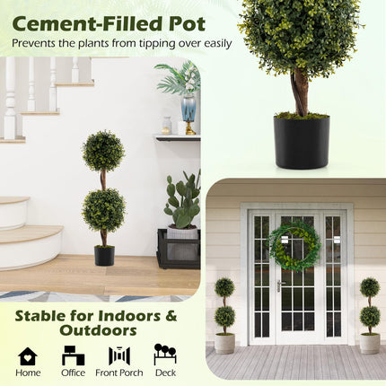 Dreamade 3 FT Artificial Boxwood Topiary Trees Set of 2 Faux Outdoor Topiary Ball Tree with Cement-Filled Pot