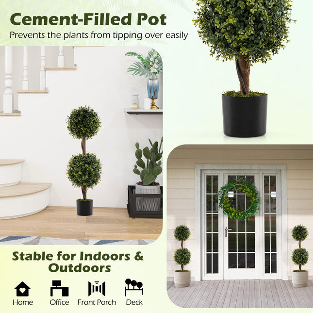 Dreamade 3 FT Artificial Boxwood Topiary Trees Set of 2 Faux Outdoor Topiary Ball Tree with Cement-Filled Pot
