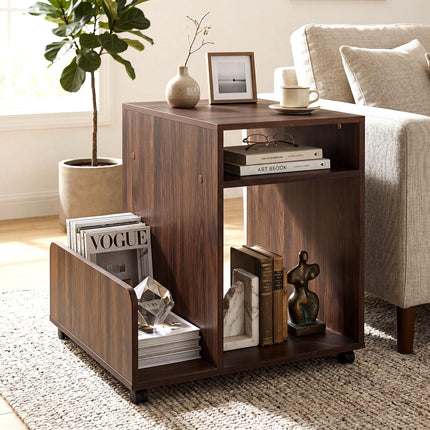 Dreamade 3-Tier Rolling End Table w/Magazine Rack & Open Storage Shelves (1/2)