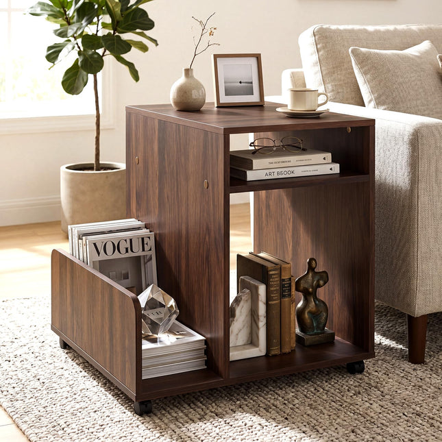 Dreamade 3-Tier Rolling End Table w/Magazine Rack & Open Storage Shelves (1/2)