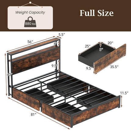 Dreamade Queen/Full Size LED Bed Frame with Charging Station & 4 Storage Drawers