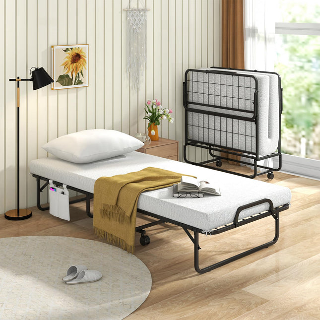 Dreamade Folding Bed with Mattress and Top Pillow, Cot Portable Guest Bed w/Metal Frame, 75" x 31"