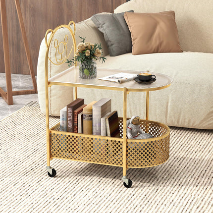 Dreamade Mobile Glass Coffee Table, 2-Tier Modern Cocktail Table with Bear Pattern, Storage Basket & Metal Frame