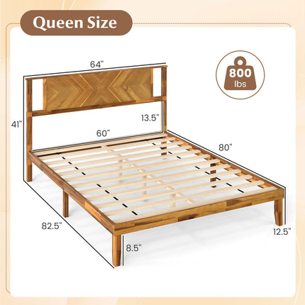 Dreamade Queen/Full/Twin Size Acacia Wood Platform Bed Frame Mid-Century Modern Bed Frame with Headboard