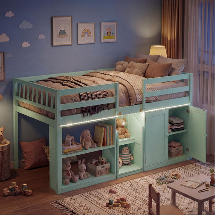 Dreamade Low Loft Bed Twin Size with LED Lights, Wooden Bed Frame