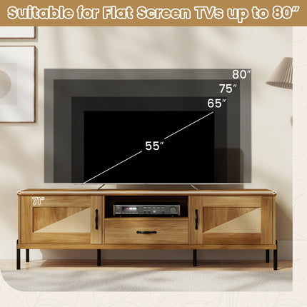 Dreamade Mid Century Modern Rattan TV Stand for TVs up to 80" w/ 2 Storage Cabinets