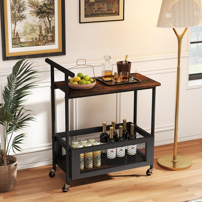 Dreamade Rolling End Table with Handle 2-Tier Sofa Side Table with Open Shelf & Mesh Basket