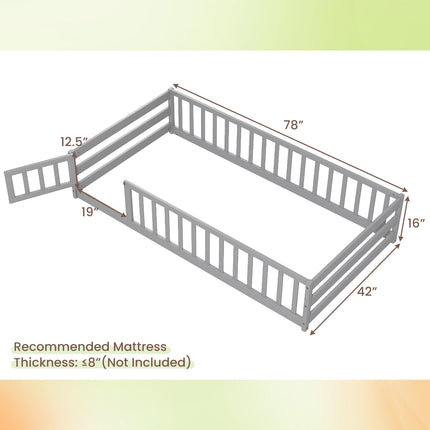 Dreamade Twin Floor Bed with Door & Fence, Kids Wood Montessori Bed with Safety Guardrails