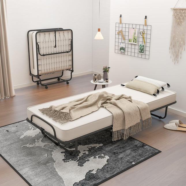 Dreamade Folding Bed with Mattress for Adults, 75" x 31" Cot Size Portable Rollaway Bed with Sturdy Metal Frame