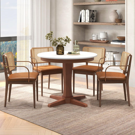 Dreamade Round Dining Table, 36” Kitchen Table with Base, Solid Rubber Wood Frame, Breakfast Table for 4 People