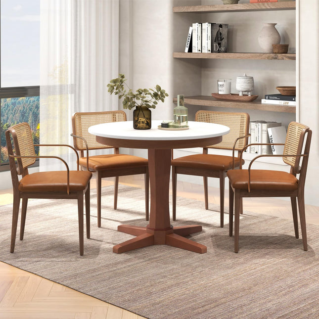 Dreamade Round Dining Table, 36” Kitchen Table with Base, Solid Rubber Wood Frame, Breakfast Table for 4 People