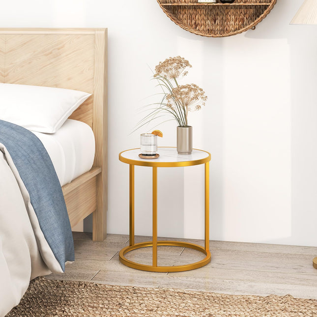 Dreamade Faux Marble Side Table, Round End Table with Golden Metal Frame and White Marble Top