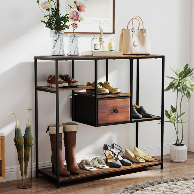 Dreamade 40 Inch Console Sofa Table with Open Storage Shelves and Removable Drawer