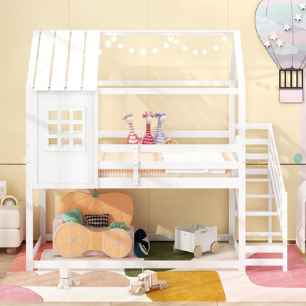 Dreamade Twin Bunk Beds with Stairs, Floor House Bed with Roof & Window