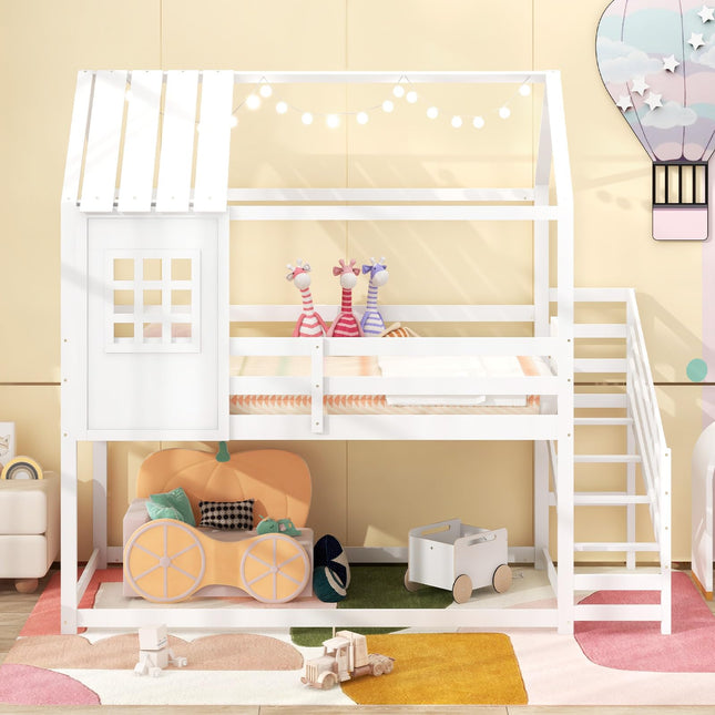 Dreamade Twin Bunk Beds with Stairs, Floor House Bed with Roof & Window