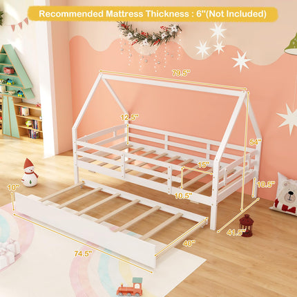 Dreamade Twin House Bed with Trundle, Wood Kids Bed Frame with Roof & Fence Rails