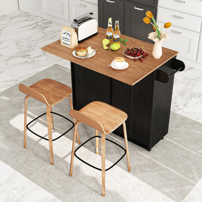 Dreamade Kitchen Island Cart with Hidden Tilt Out Trash Can Cabinet, Drop Leaf, 2 Drawers, Towel Rack
