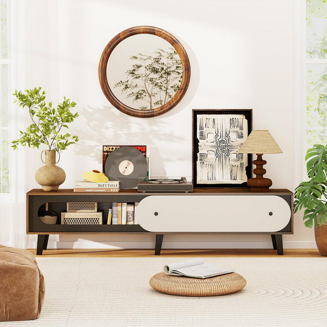 Dreamade TV Stand for 80 Inch TVs Mid Century Modern Entertainment Center with Sliding Door Cabinet