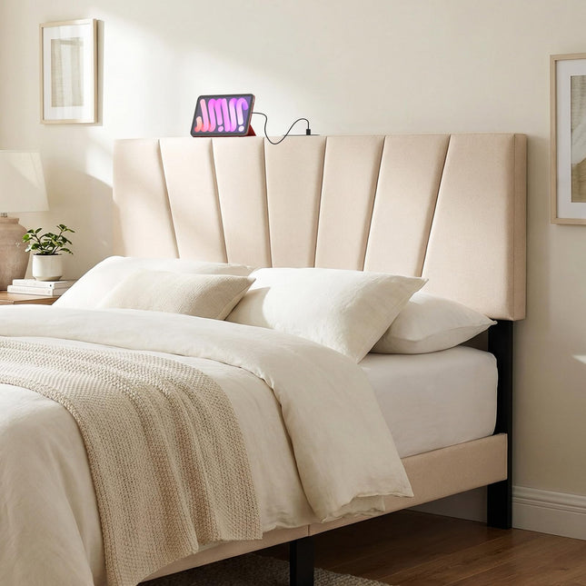 Dreamade Geometric Upholstered Head Board with USB & Type-C Ports