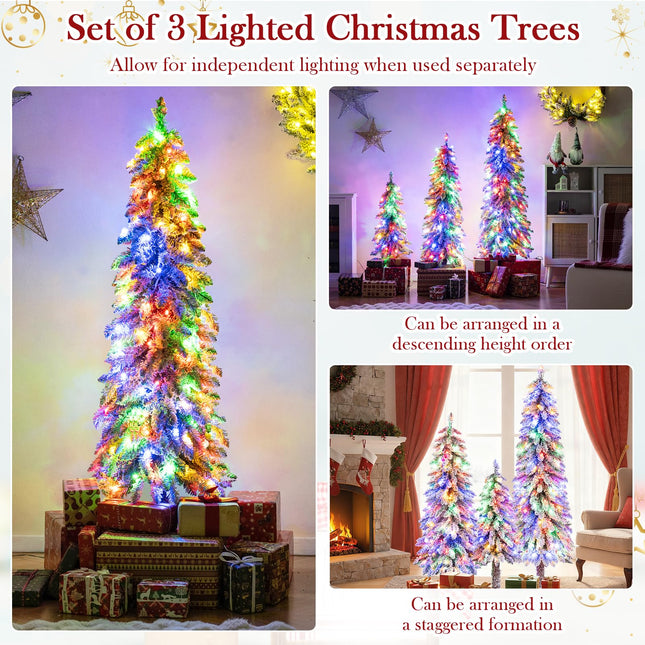 Dreamade 3' 4' 5' Pre-Lit Snow Flocked Christmas Tree Set of 3 with 300 Multicolored LED Lights
