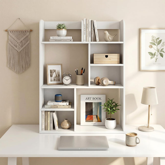 Dreamade 3-Tier Desktop Bookshelf | 23.5" Desk Hutch Dorm with 8 Open Storage Cubes