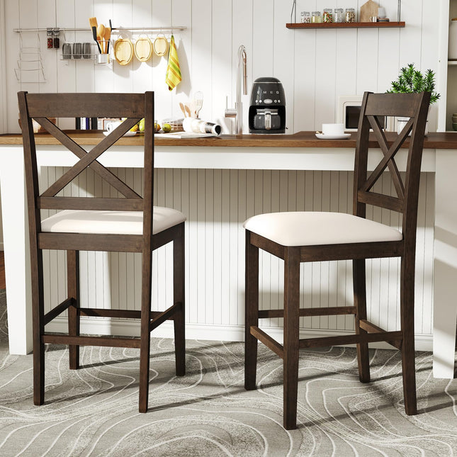 Dreamade 24" Farmhouse Bar Stools | Cross Back Counter Height Chairs with Padded Linen Upholstered Seat (2/4)