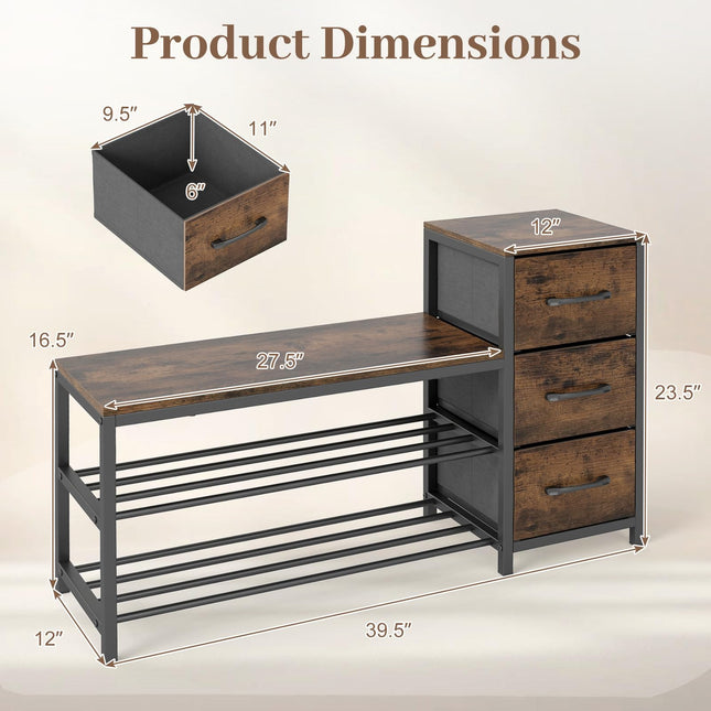 Dreamade 3-Tier Industrial Shoe Storage Bench with 3 Removable Fabric Drawers