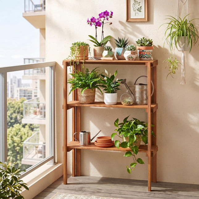 Dreamade 3-Tier Foldable Solid Wood Indoor Outdoor Flower Pot Display Rack