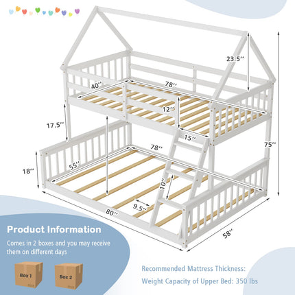 Dreamade Twin Over Full House Bunk Bed, Floor Low Bunk Bed Frame w/Integrated Ladder & Safety Guardrails