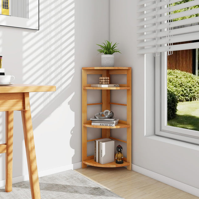 Dreamade 4-Tier Corner Shelf, 34" Bookshelf with Rubber Wood Frame, Anti-Toppling Kit