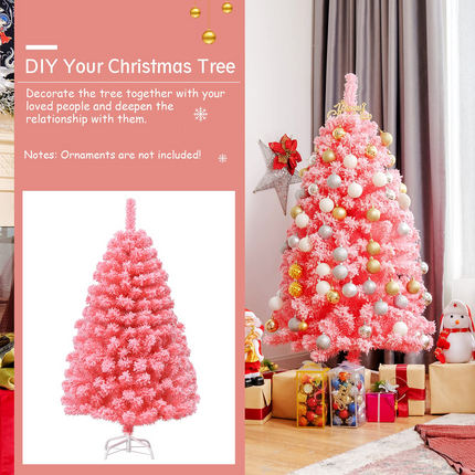 Dreamade 4.5ft Pink Artificial Christmas Tree, Unlit Hinged Snow Flocked Xmas Tree w/ 348 PVC Branch Tips & Metal Stand - DreamadeUS