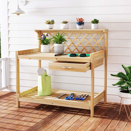 Dreamade Wood Potting Table with 3 Tier Shelves