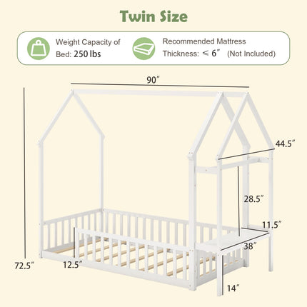 Dreamade Twin House Floor Bed, Solid Wood Montessori Floor Bed with Detachable Storage Shelf & Clothes Hanger